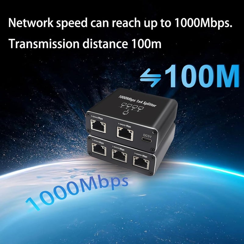 Pushua Gigabit Ethernet Splitter - 1 to 4 High Speed, 4 Devices Simultaneously Networking, 1000Mbps, USB Powered, RJ45 for Cat5/5e/6/7/8 Cable - Image 4